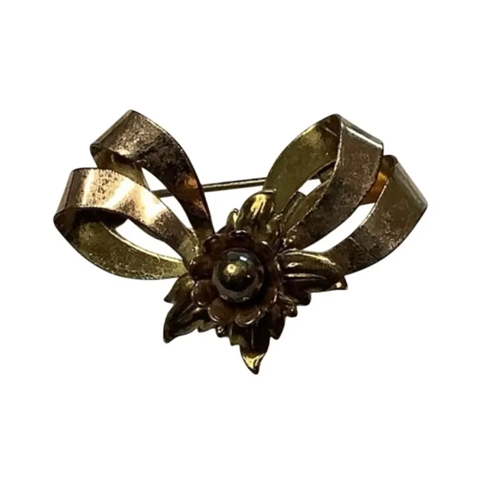 Harry Iskin Gold Tone Floral Bow Brooch Ribbon Pin Vintage Cottagecore F10-9